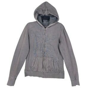 Fox Hooded Jacket Womens L Gray Embroidered Logo Letters Faux Fur Lined Fleece